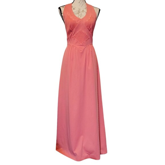 Vintage 70s Mikey Jrs Maxi Dress Small Pink Basque Waist Backless Formal Evening - Picture 1 of 9